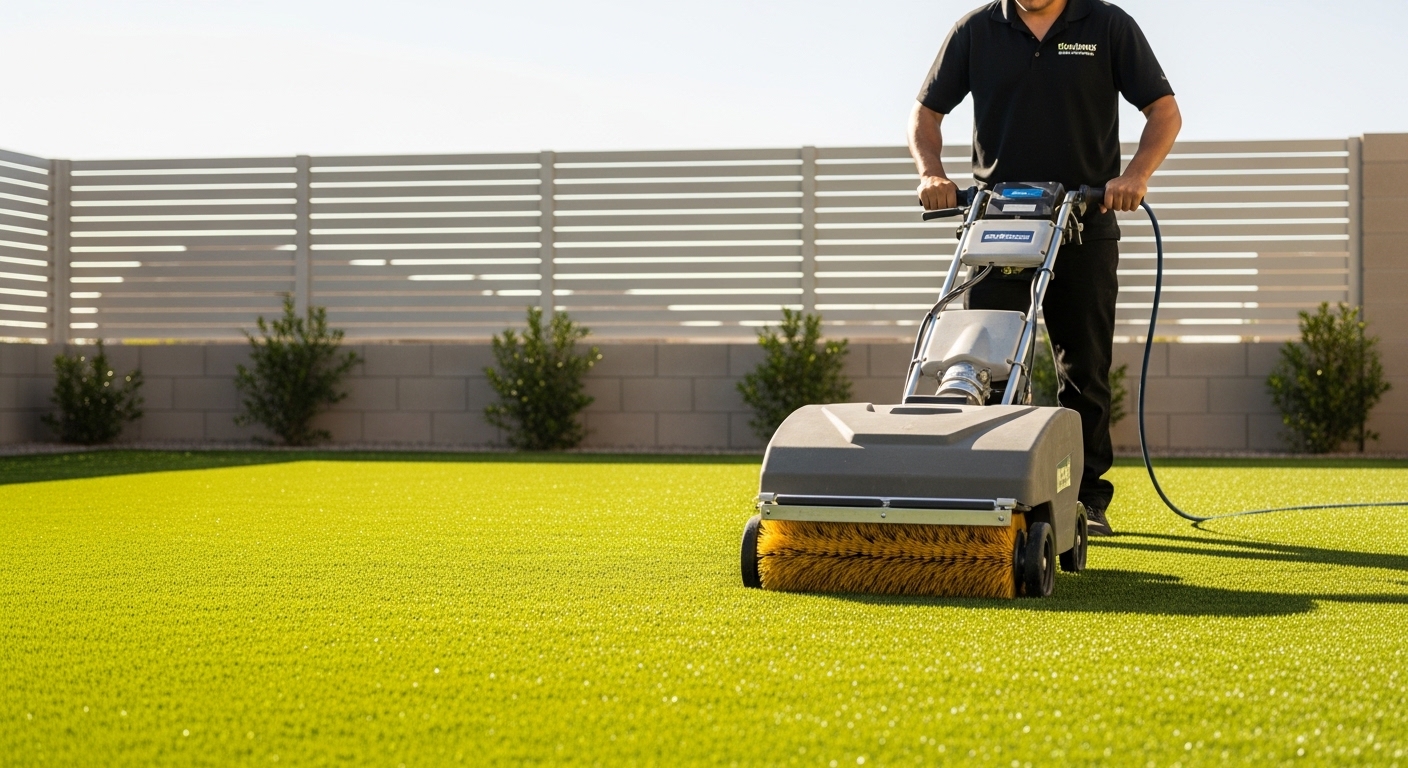 Artificial grass maintenance in Las Vegas — brushing and caring for residential turf installation