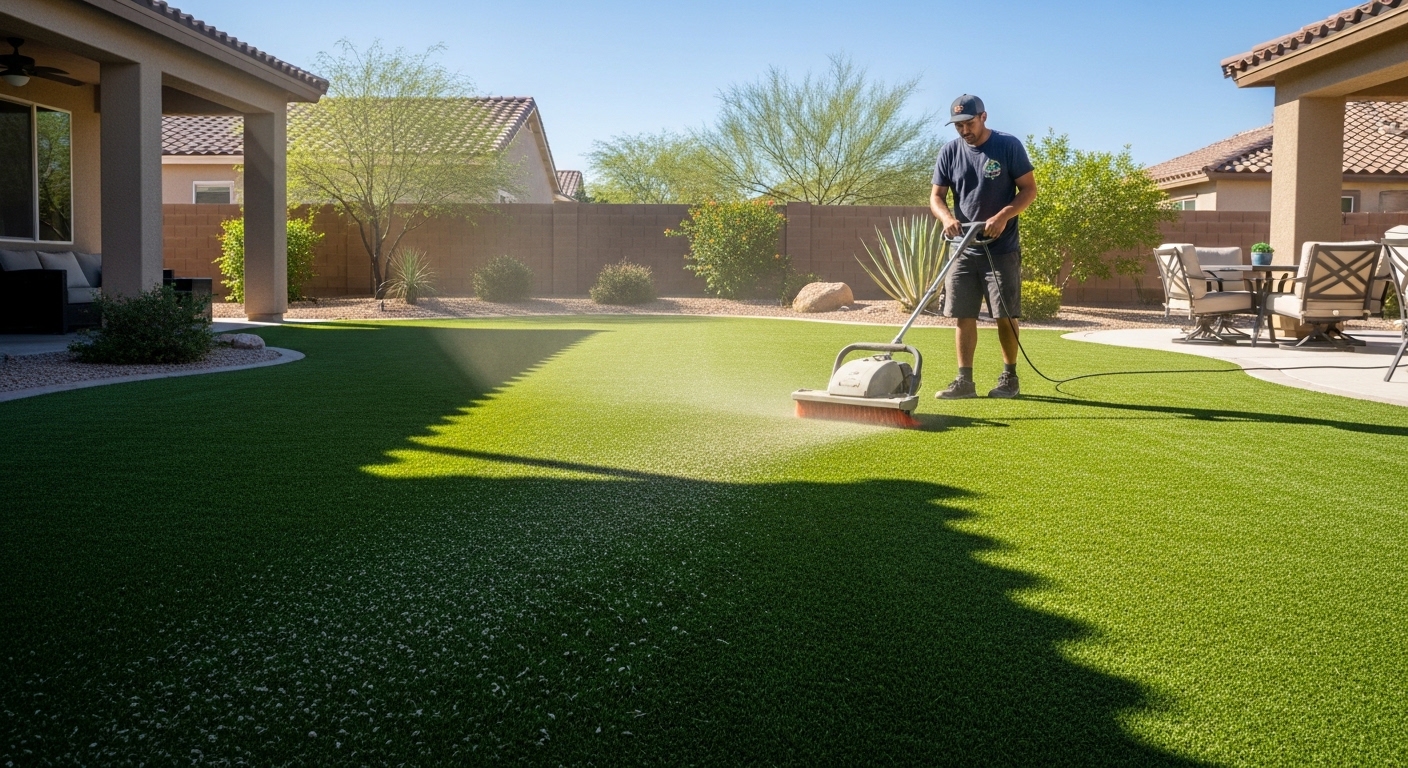 Artificial grass maintenance in Las Vegas — brushing and grooming synthetic turf to keep fibers upright