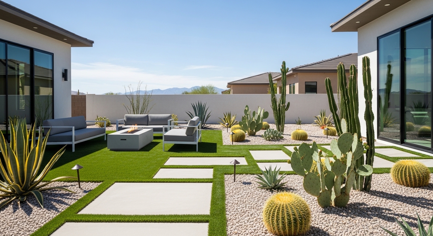 Las Vegas backyard with artificial grass and gravel combination