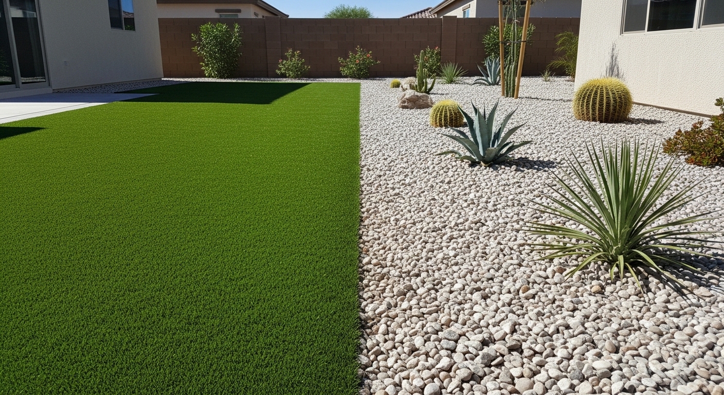 A backyard split evenly between a vibrant green artificial grass lawn and a light-colored gravel yard decorated with golden barrel cacti and agave plants.