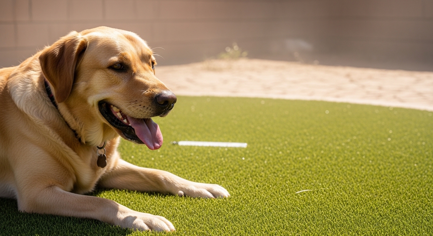 Dog resting on artificial grass in a hot Las Vegas backyard showing heat challenges for pets
