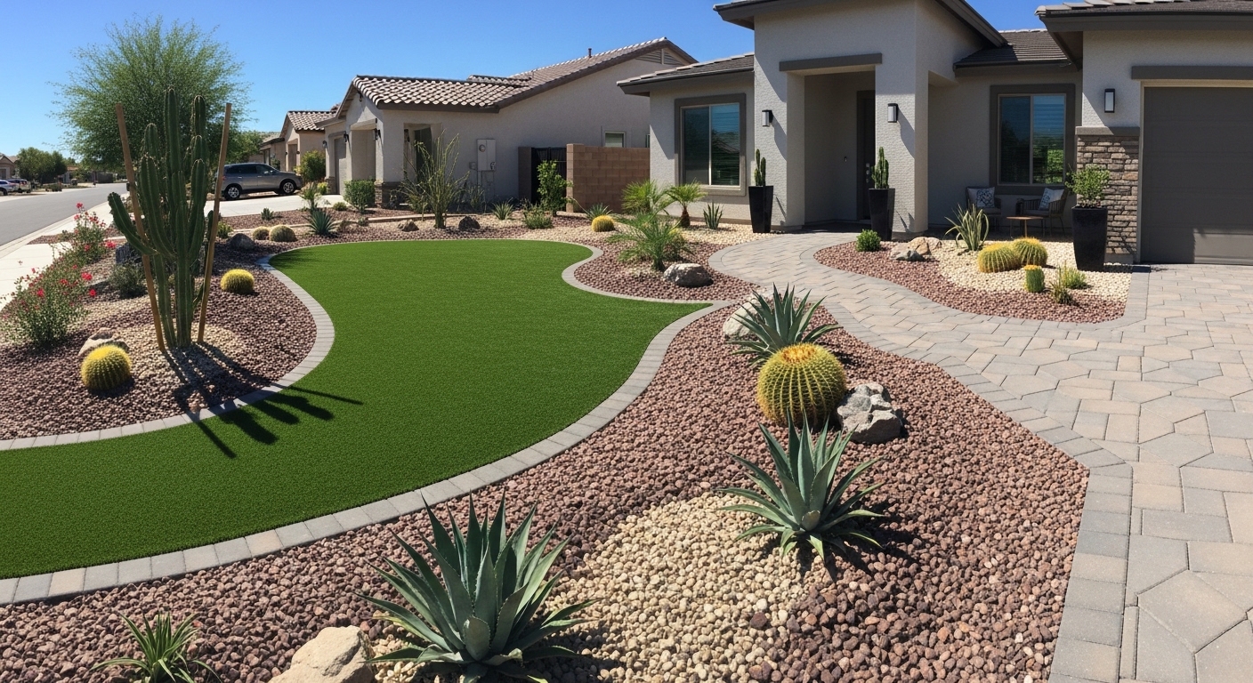 A suburban front yard featuring a curved patch of artificial turf bordered by bricks, surrounded by reddish-brown gravel, desert cacti, agave plants, and a paved walkway.
