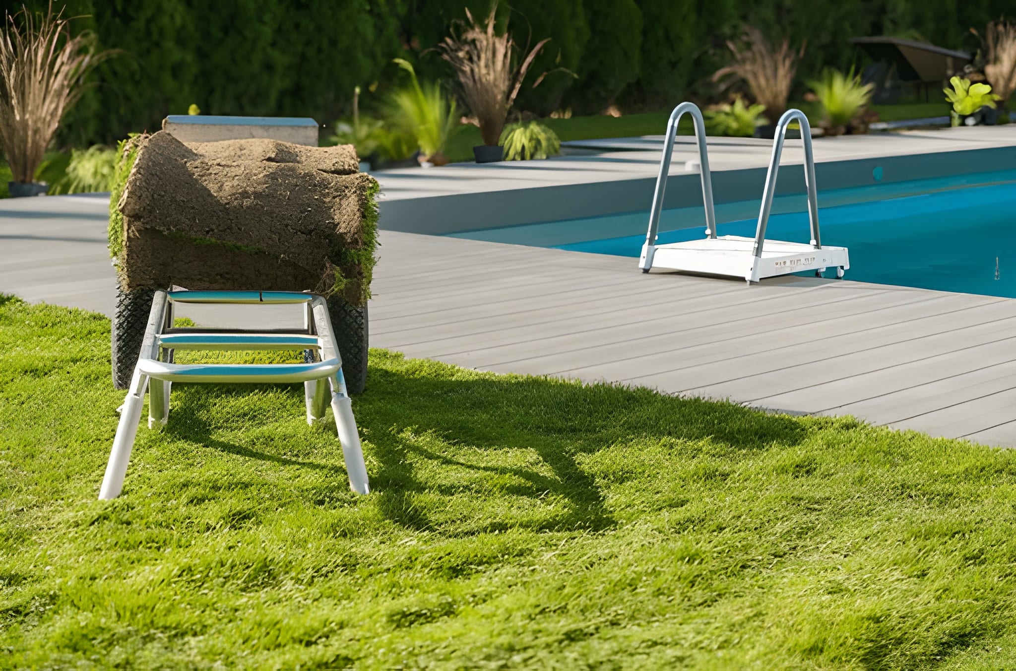 A wheelbarrow loaded with a fresh roll of green grass sod sits on a lawn next to a grey wood-plank patio deck and a blue swimming pool.