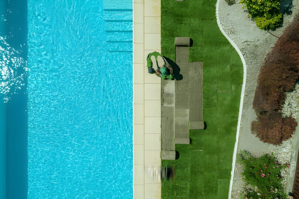 An overhead, aerial view of a landscaper laying down rolls of green artificial grass on a lawn next to a light-colored stone walkway and a bright blue swimming pool.