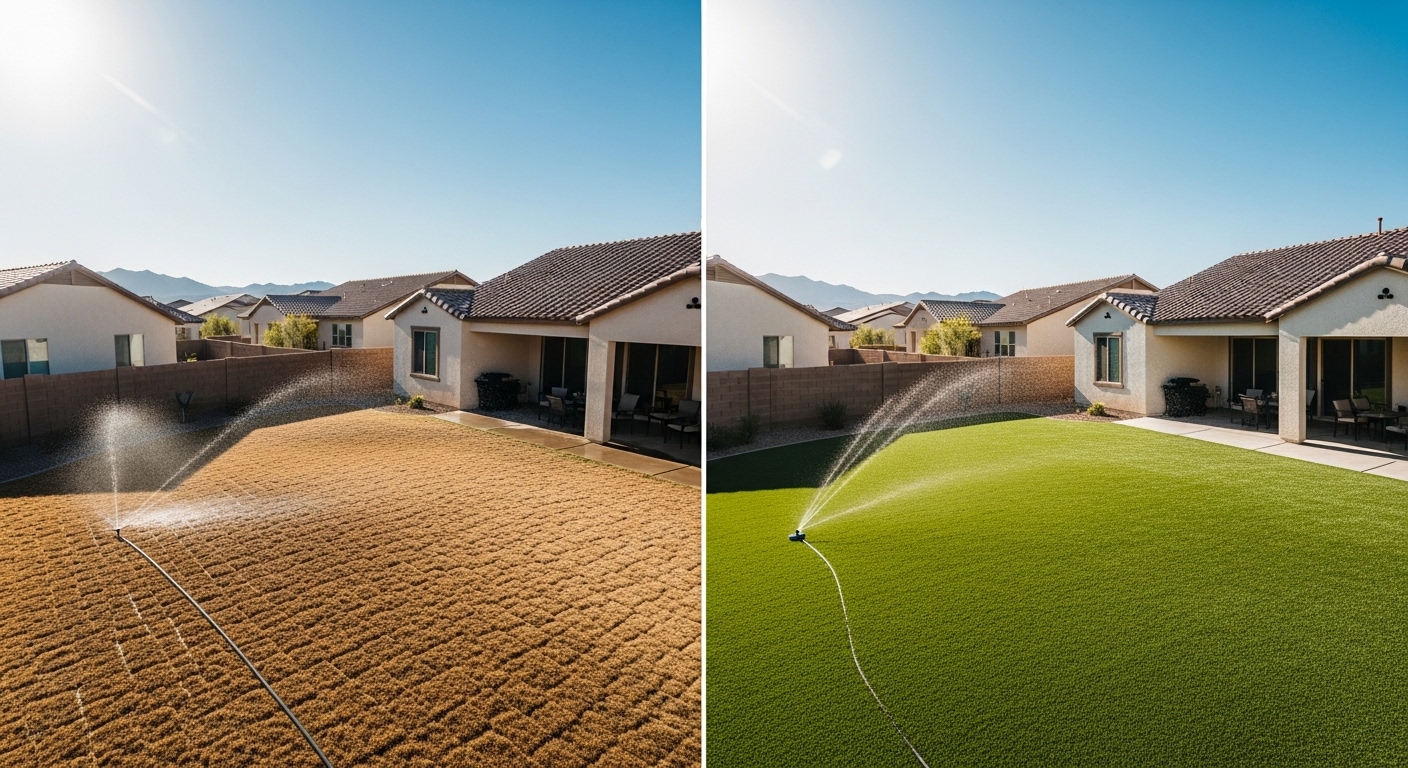 A side-by-side comparison showing a dry, brown backyard lawn being watered by a sprinkler on the left, next to a vibrant, perfectly green artificial turf lawn on the right under a bright blue sky.