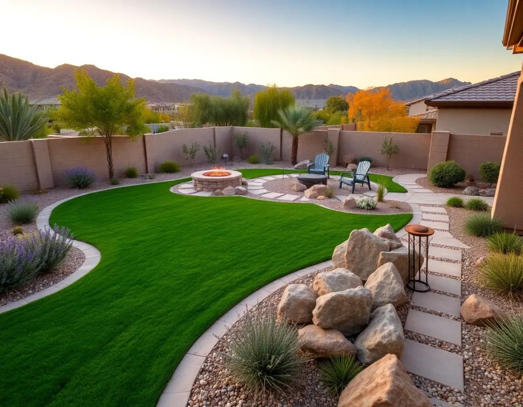 Modern paver and artificial turf strip integration pool deck Henderson