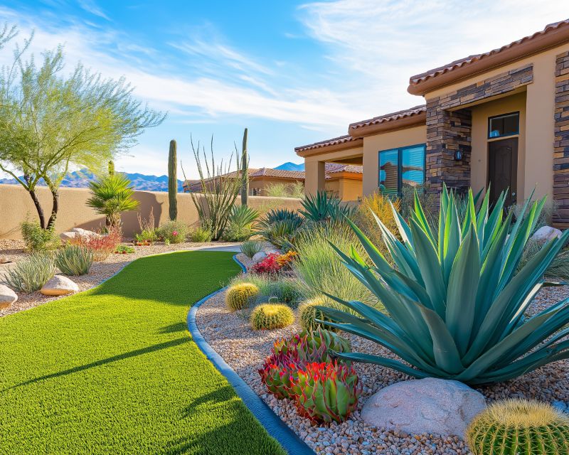 Rich desert landscape garden featuring gravel paths and water-wise planting arrangements