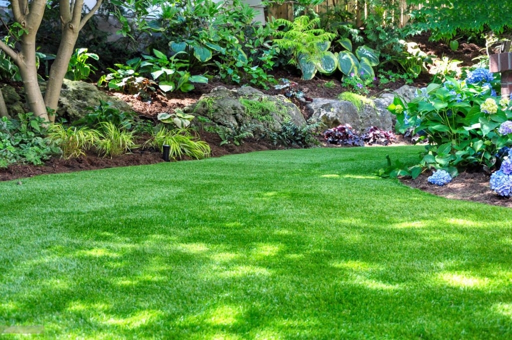 A modern poolside lounge area surrounded by clean, premium artificial turf